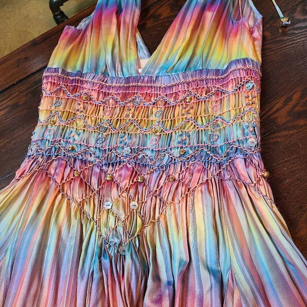 💥RUNWAY Matthew Williamson 100% Silk Colorful Beaded Embroidered Dress Size 6 - Picture 12 of 16